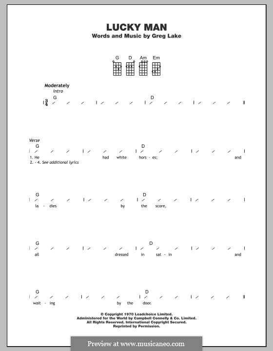 Lucky Man (Emerson, Lake & Palmer): For ukulele by Greg Lake