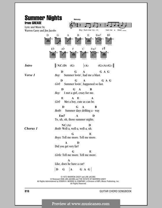 Summer Nights (from Grease): Lyrics and chords by Jim Jacobs, Warren Casey