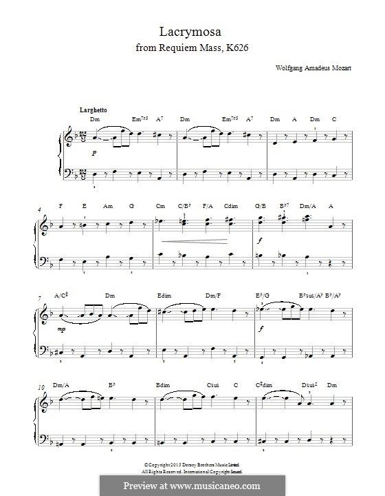 Lacrimosa: For piano by Wolfgang Amadeus Mozart