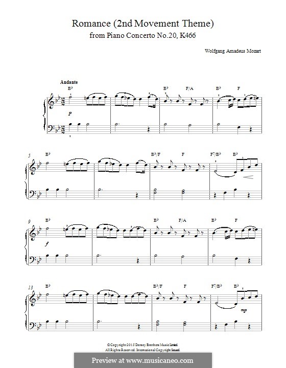 Concerto for Piano and Orchestra No.20 in D Minor, K.466: Movement II (Theme). Version for piano by Wolfgang Amadeus Mozart