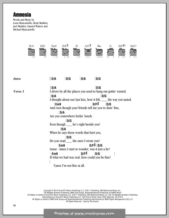 Amnesia (5 Seconds of Summer): Lyrics and chords by Benji Madden, Joel Madden, Louis Biancaniello, Samuel Watters, Michael Biancaniello