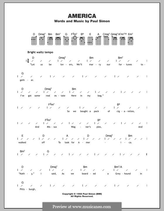 America Sheet Music | Simon & Garfunkel | Guitar Chords/Lyrics