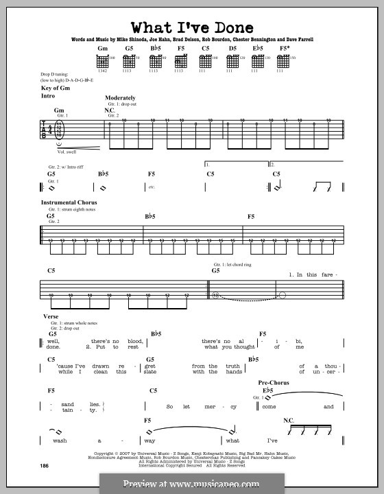 What I've Done (Linkin Park): For guitar by Brad Delson, Charles Bennington, David Farrell, Joseph Hahn, Mike Shinoda, Rob Bourdon