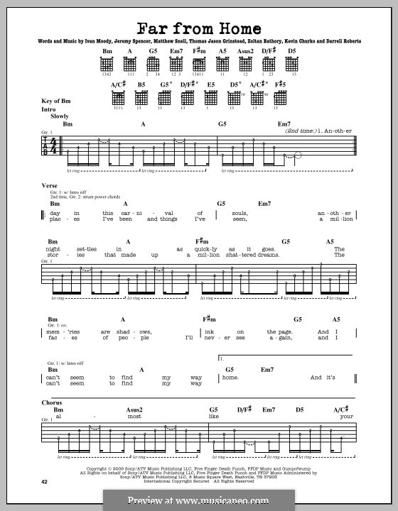 Far from Home (Five Finger Death Punch): For guitar with tab by Darrell Roberts, Ivan L. Moody, Jason Hook, Jeremy Spencer, Kevin Churko, Matthew Snell, Zoltán Bathory