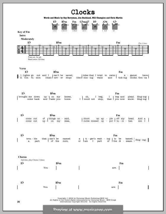 Instrumental version: For guitar with lyrics by Chris Martin, Guy Berryman, Jonny Buckland, Will Champion