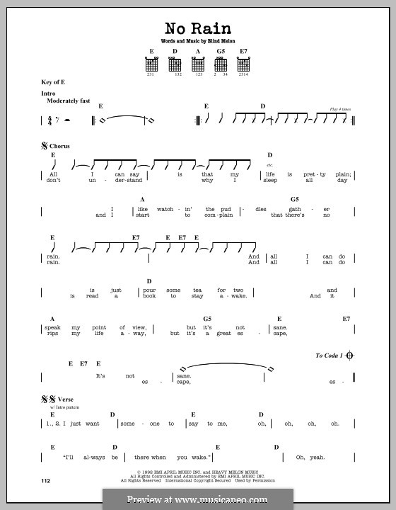 No Rain (Blind Melon): For guitar by Brad Smith, Christopher Thorn, Glen Graham, Roger Stevens, Shannon Hoon