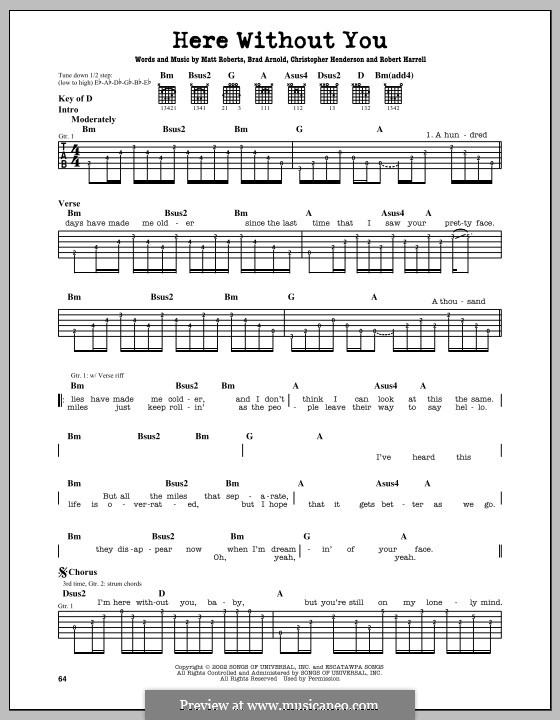 Here without You (3 Doors Down): For guitar with tab by Brad Arnold, Christopher Henderson, Matthew Roberts, Todd Harrell