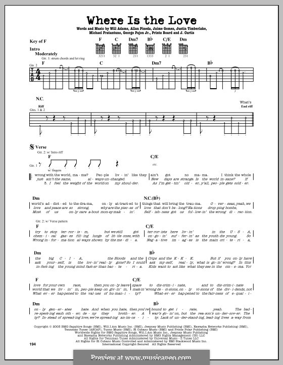 Where Is the Love (The Black Eyed Peas): For guitar with tab by apl.de.ap, George Pajon Jr., Johnny Curtis, Jaime Gomez, Junior Curtis, Justin Timberlake, Michael Fratantuno, Printz Board, will.i.am