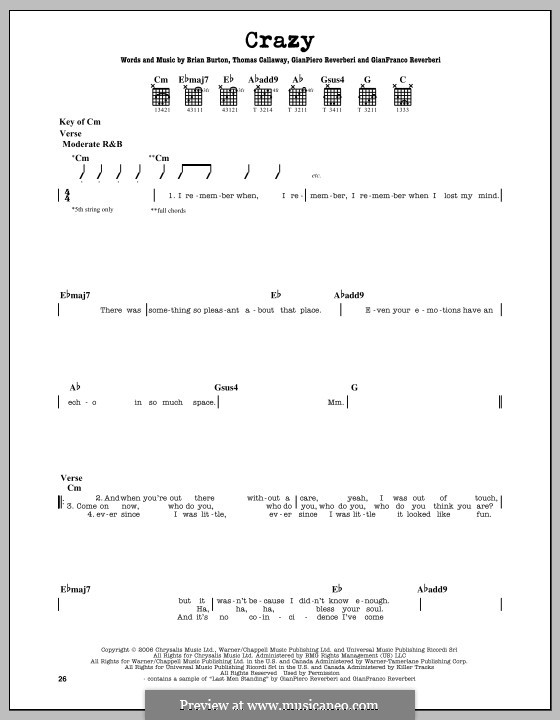 Crazy (Gnarls Barkley): For guitar with tab by Brian Burton, Gian Piero Reverberi, Gianfranco Reverberi, Thomas Callaway