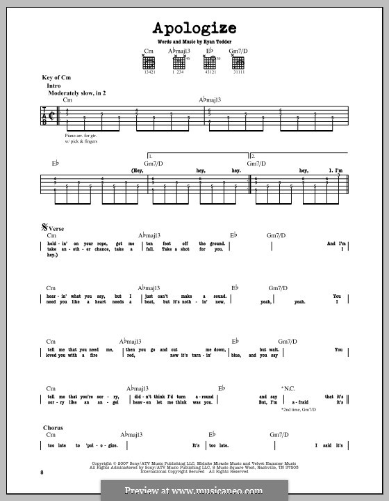 Apologize (OneRepublic): For guitar with tab by Ryan B Tedder