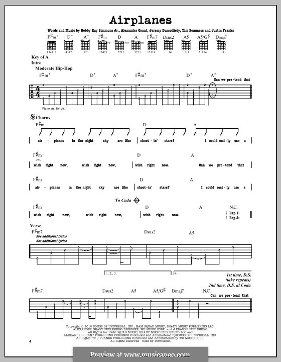 Airplanes (B.o.B. featuring Hayley Williams): For guitar with tab by Alexander Grant, Bobby Ray Simmons Jr., Jeremy Dussolliet, Justin Franks, Tim Sommers