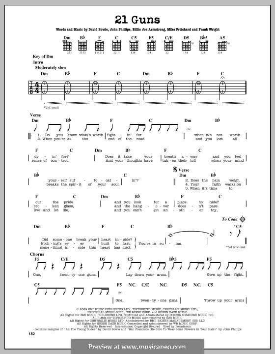 21 Guns (Green Day): For guitar with tab by Billie Joe Armstrong, David Bowie, Tré Cool, John Phillips, Michael Pritchard