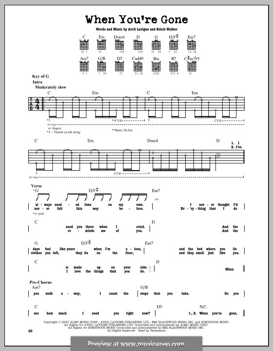 When You're Gone: For guitar with tab by Avril Lavigne, Butch Walker