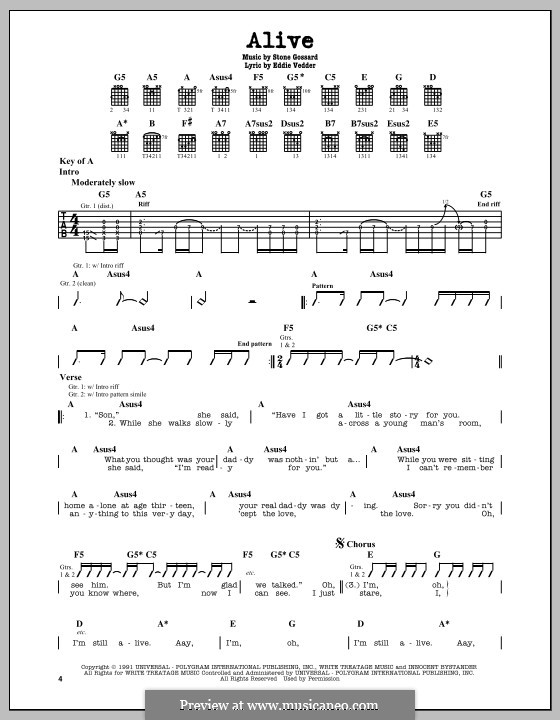 Alive (Pearl Jam): For guitar with tab by Stone Gossard