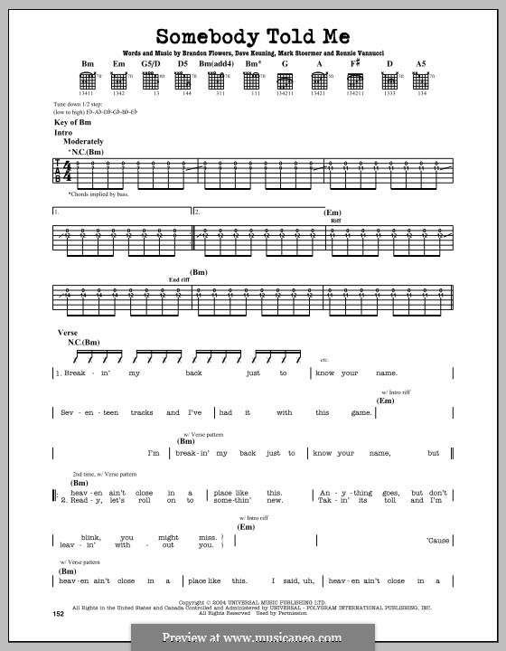 Somebody Told Me (The Killers): For guitar with tab by Brandon Flowers, Dave Keuning, Mark Stoermer, Ronnie Vannucci