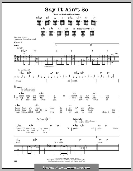 Say It Ain't So (Weezer): For guitar with tab by Rivers Cuomo