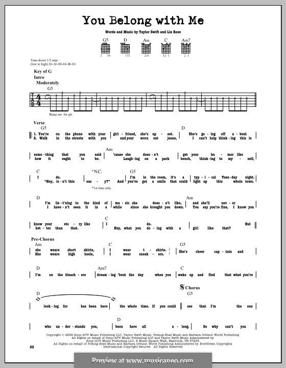 You Belong with Me (Taylor Swift): For guitar with tab by Liz Rose