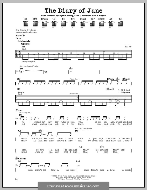 The Diary of Jane (Breaking Benjamin): For guitar with tab by Aaron C. Fincke, Benjamin Burnley, Mark J. Klepaski