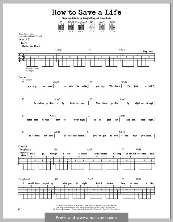 How to Save a Life (The Fray): For guitar with tab by Isaac Slade, Joseph King