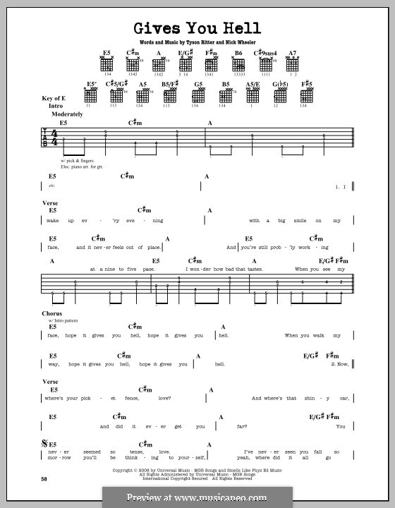 Gives You Hell (The All-American Rejects): For guitar with tab by Nick Wheeler, Tyson Ritter