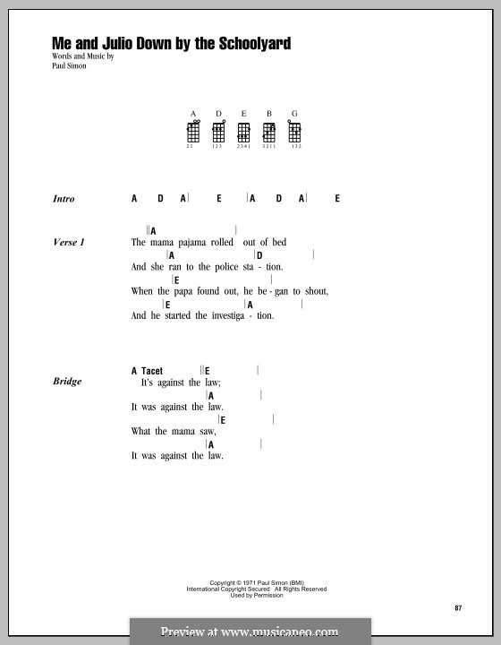 Me and Julio Down By the Schoolyard (Simon & Garfunkel): For ukulele by Paul Simon