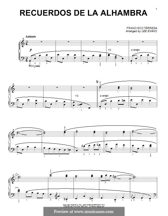 Memories of the Alhambra: For piano by Francisco Tárrega