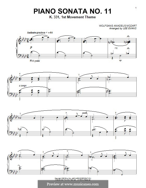 Movement I Andante Grazioso: For piano by Wolfgang Amadeus Mozart
