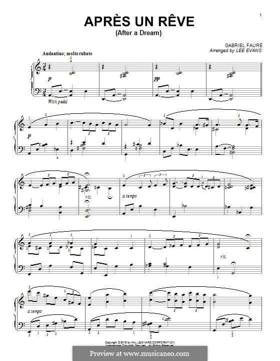 Three Songs, Op.7: No.1 Après un rêve, for piano by Gabriel Fauré