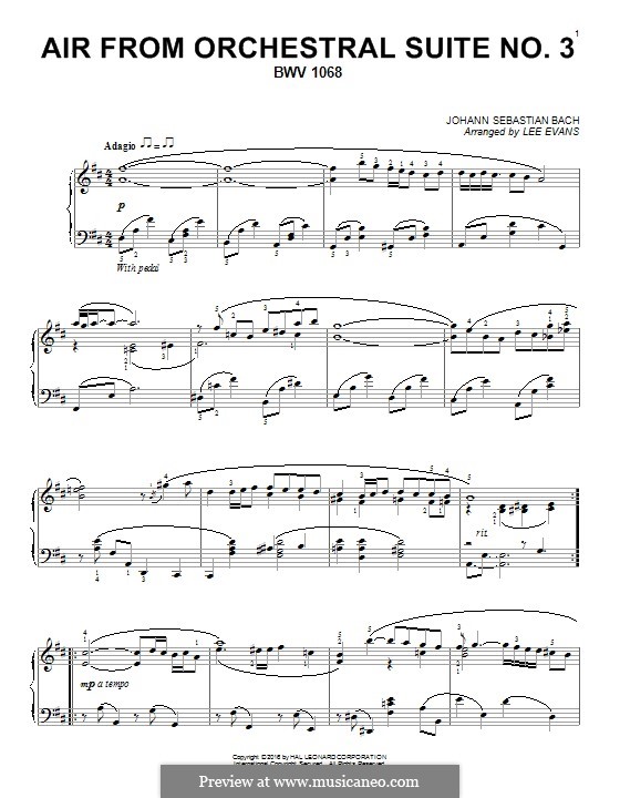 Aria (Printable Scores): Version for piano by Johann Sebastian Bach