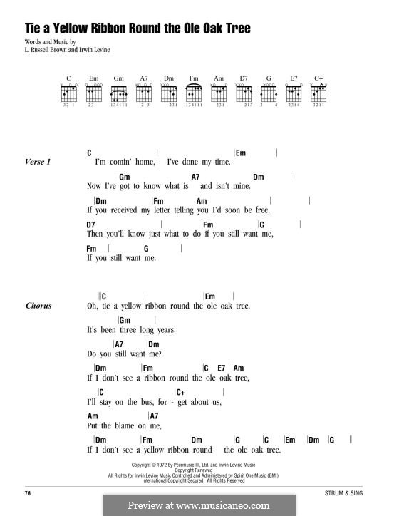 Tie a Yellow Ribbon Round the Ole Oak Tree (Tony Orlando): Lyrics and chords by Irwin Levine, L. Russell Brown