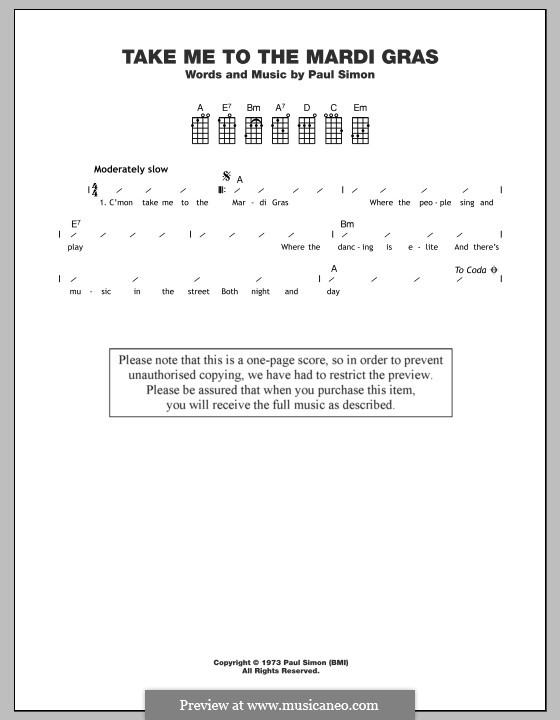 Take Me to the Mardi Gras: For ukulele by Paul Simon