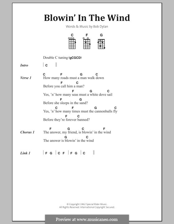 Blowin' in the Wind: Lyrics and chords by Bob Dylan