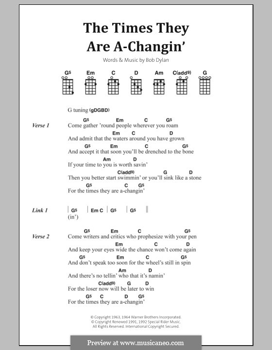 The Times They Are A-Changin': Lyrics and chords by Bob Dylan