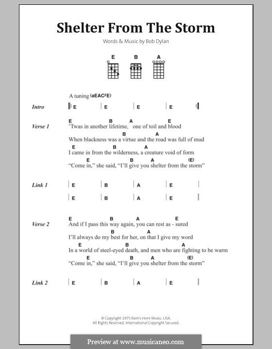 Shelter from the Storm: Lyrics and chords by Bob Dylan