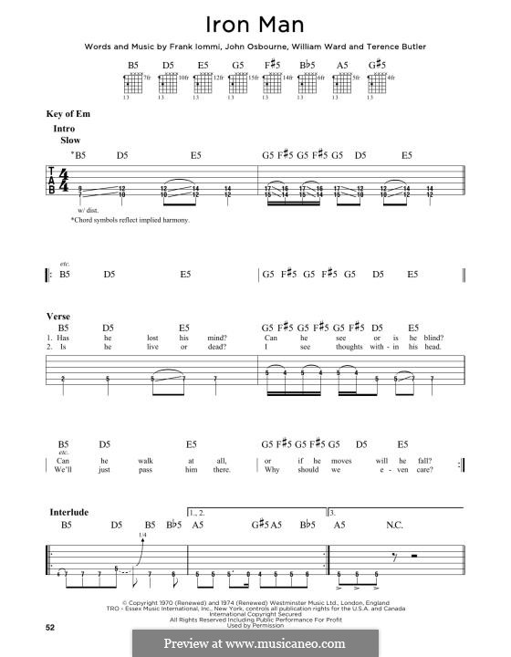 Iron Man (Black Sabbath): For guitar by Geezer Butler, Ozzy Osbourne, Tony Iommi, Bill Ward
