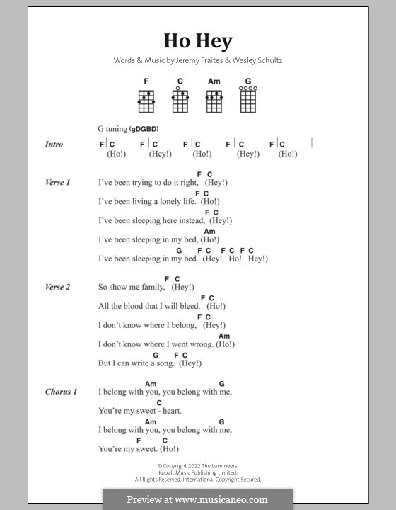 Ho Hey (The Lumineers): Lyrics and chords by Jeremy Fraites, Wesley Schultz