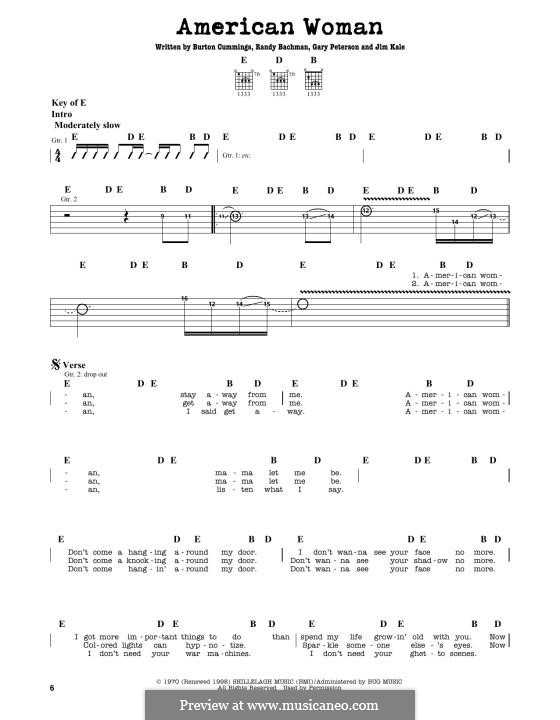 American Woman (Lenny Kravitz): For guitar by Burton Cummings, Garry Peterson, Jim Kale, Randy Bachman