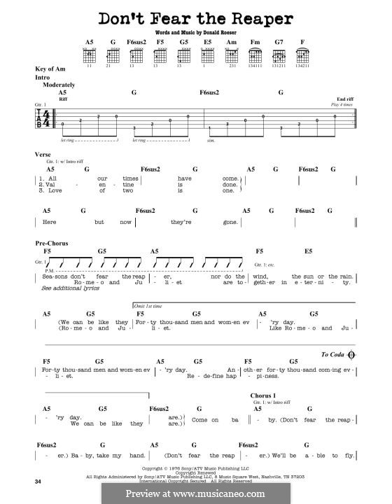 Don't Fear The Reaper (Blue Oyster Cult): For guitar by Donald Roeser