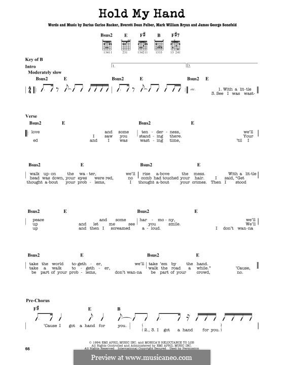 Hold My Hand (Hootie & The Blowfish): For guitar by Darius Carlos Rucker, Everett Dean Felber, James George Sonefeld, Mark William Bryan