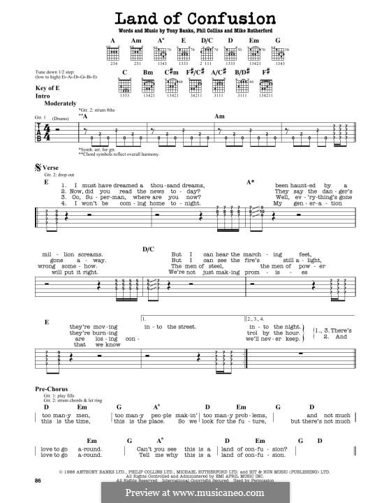 Land of Confusion (Genesis): For guitar by Tony Banks, Mike Rutherford, Phil Collins