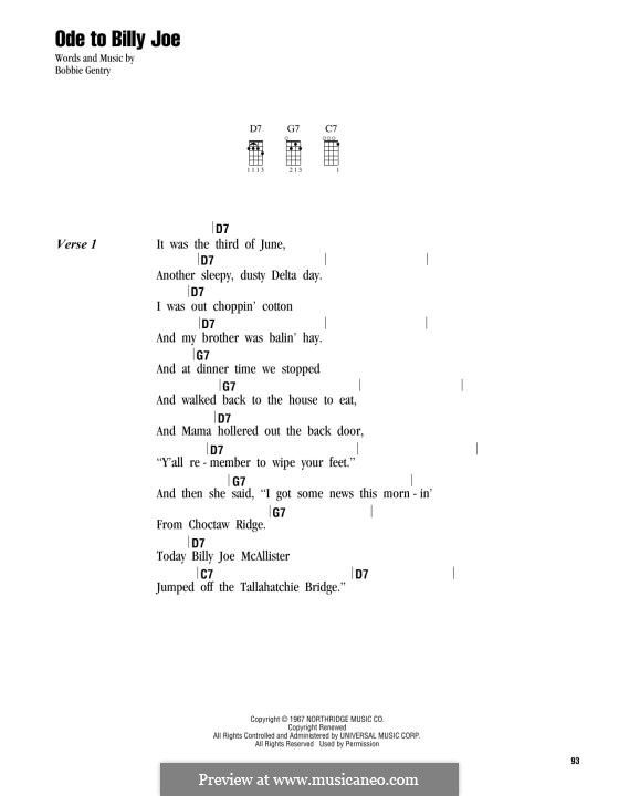 Ode To Billy Joe by B. Gentry - sheet music on MusicaNeo