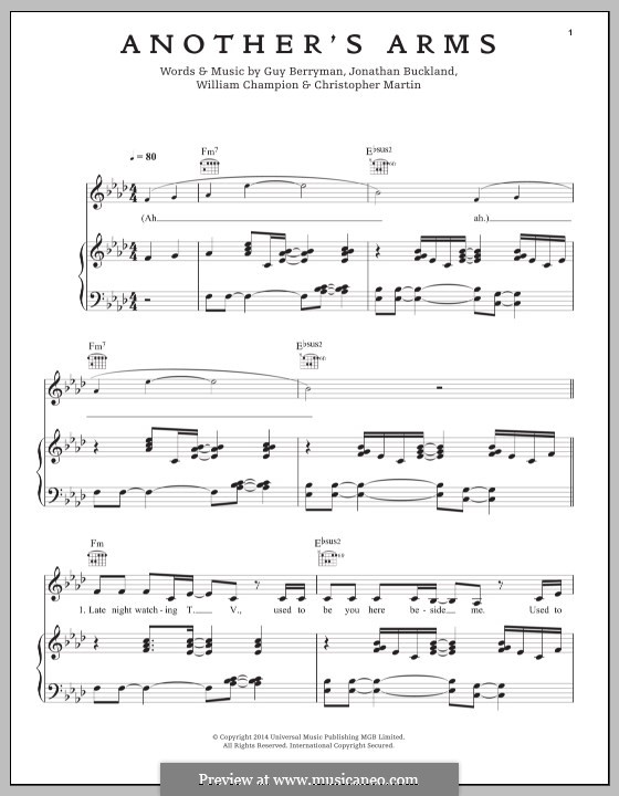 Another's Arms (Coldplay): For voice and piano (or guitar) by Chris Martin, Guy Berryman, Jonny Buckland, Will Champion
