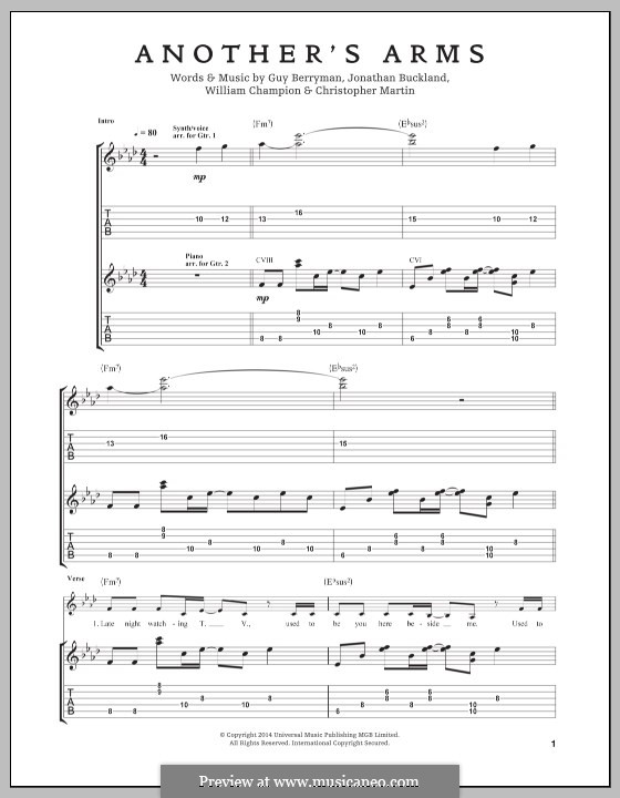 Another's Arms (Coldplay): For guitar by Chris Martin, Guy Berryman, Jonny Buckland, Will Champion
