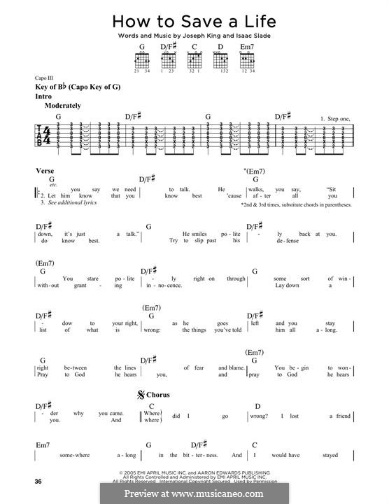 How to Save a Life (The Fray): For guitar with tab by Isaac Slade, Joseph King