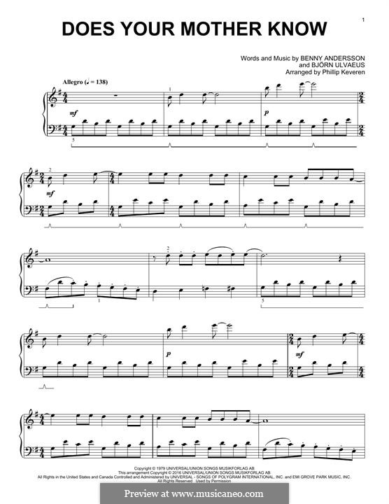 Does Your Mother Know (ABBA): For piano by Benny Andersson, Björn Ulvaeus