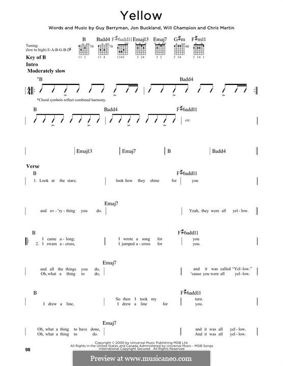 Yellow (Coldplay): For guitar with tab by Chris Martin, Guy Berryman, Jonny Buckland, Will Champion