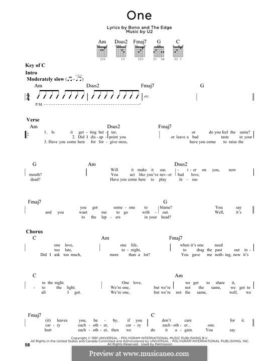 One: For guitar with tab by U2, Adam Clayton, David Evans, Larry Mullen Jr., Paul Hewson