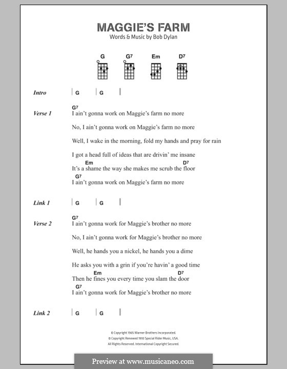 Maggie's Farm: Lyrics and chords by Bob Dylan