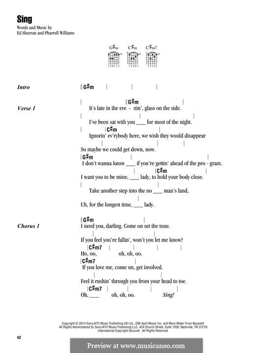 Sing: Lyrics and chords by Ed Sheeran, Pharrell Williams