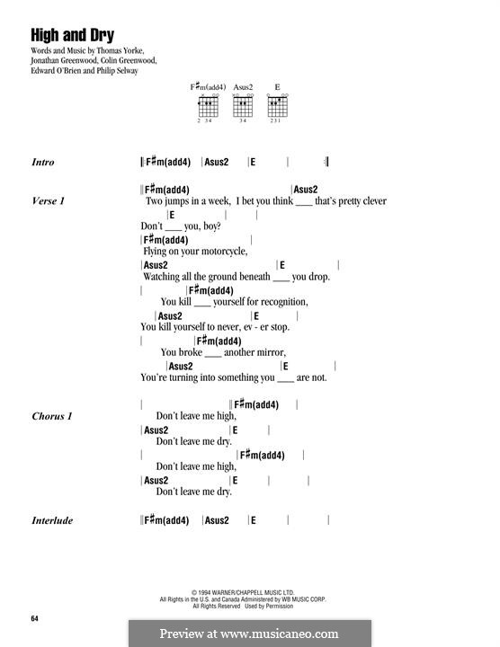 High and Dry (Radiohead): Lyrics and chords by Colin Greenwood, Ed O'Brien, Jonny Greenwood, Phil Selway, Thomas Yorke